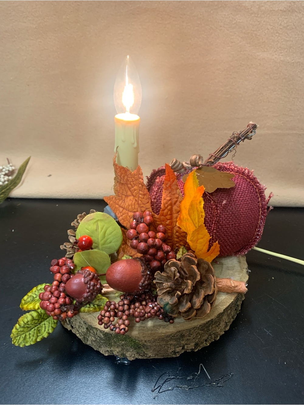 Autumn Harvest LED Candle Centerpiece with Pinecone & Faux Berries. Inv 556